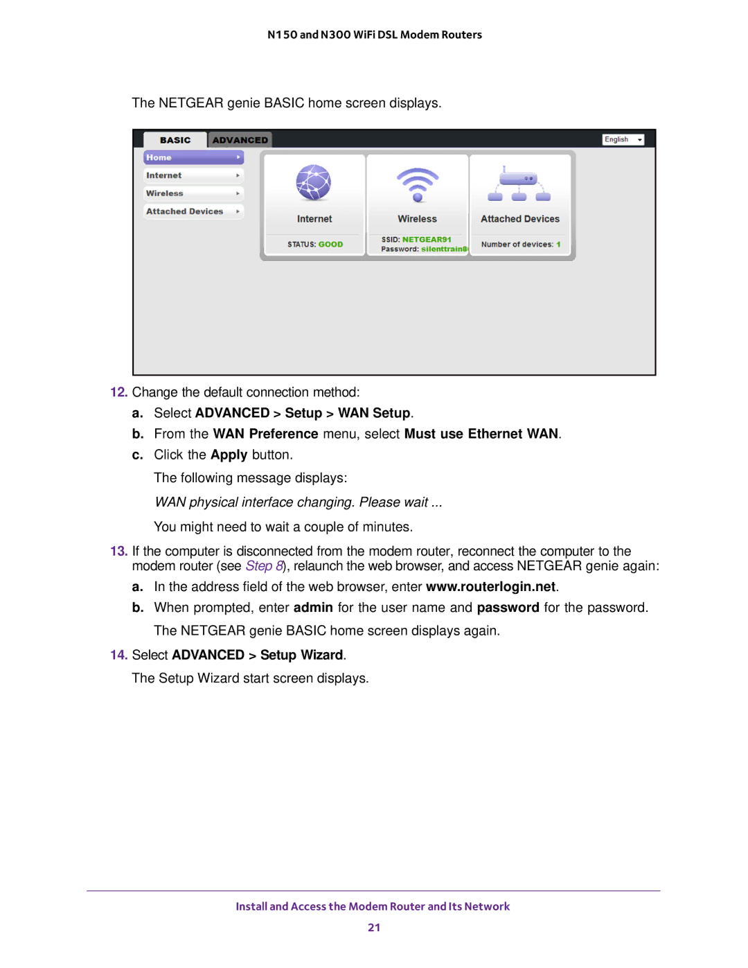 NETGEAR D500 and D1500 user manual WAN physical interface changing. Please wait 