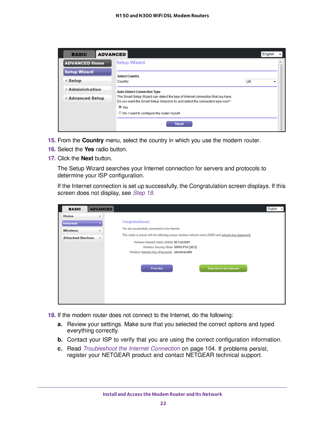 NETGEAR D500 and D1500 user manual Install and Access the Modem Router and Its Network 