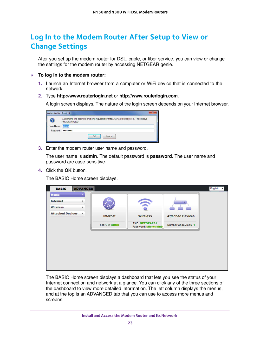 NETGEAR D500 and D1500 user manual  To log in to the modem router 