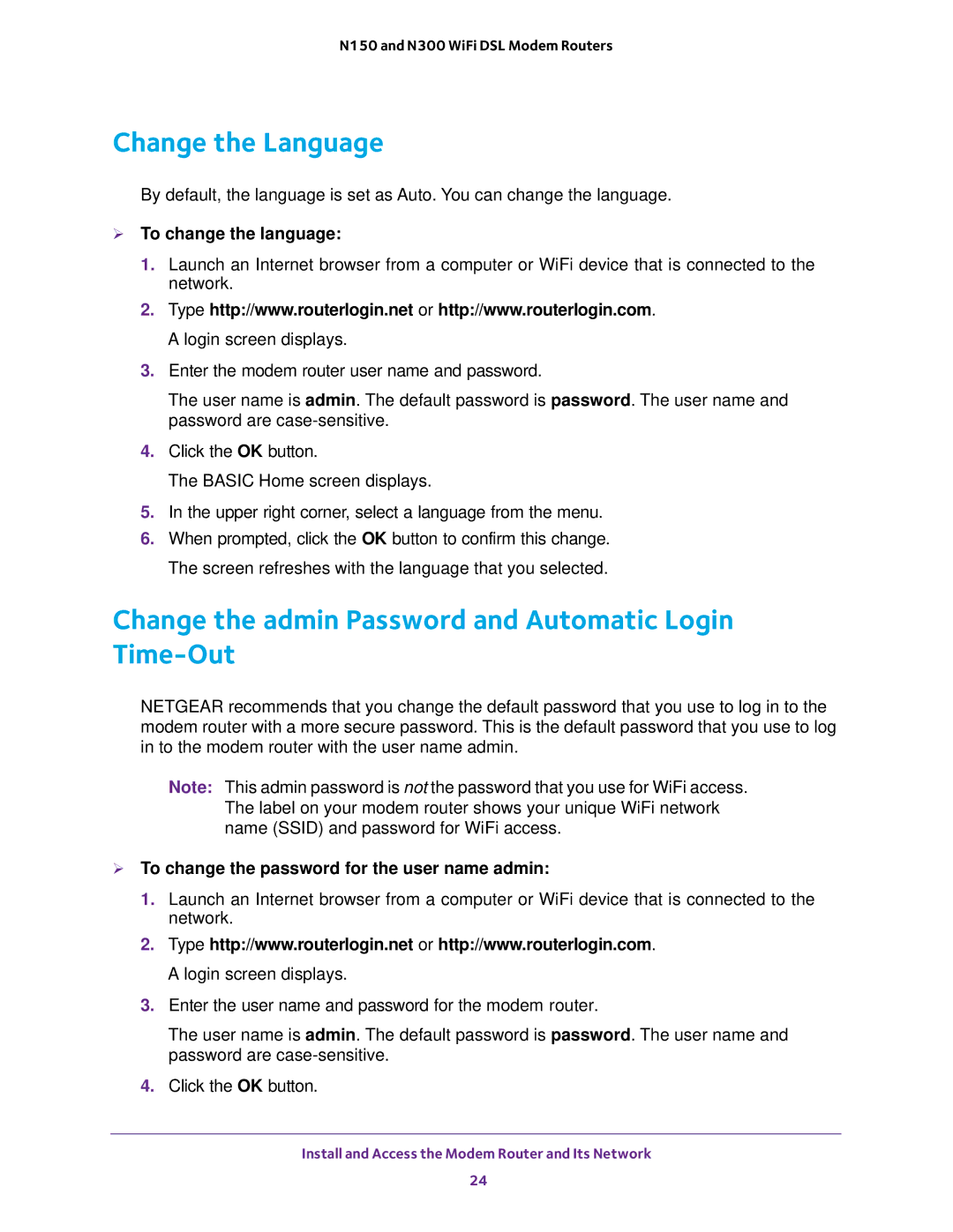 NETGEAR D500 and D1500 user manual Change the Language, Change the admin Password and Automatic Login Time-Out 