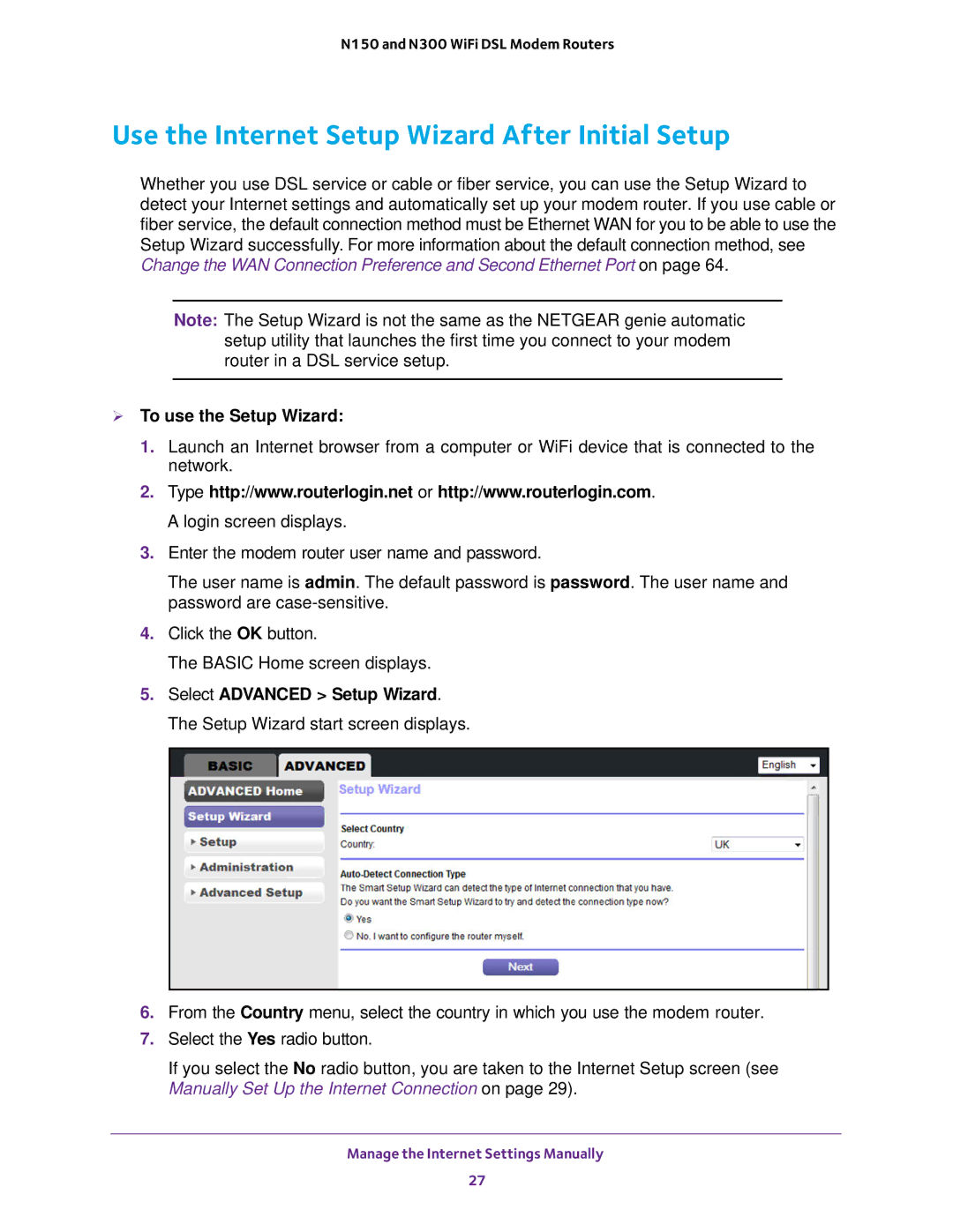 NETGEAR D500 and D1500 user manual Use the Internet Setup Wizard After Initial Setup,  To use the Setup Wizard 