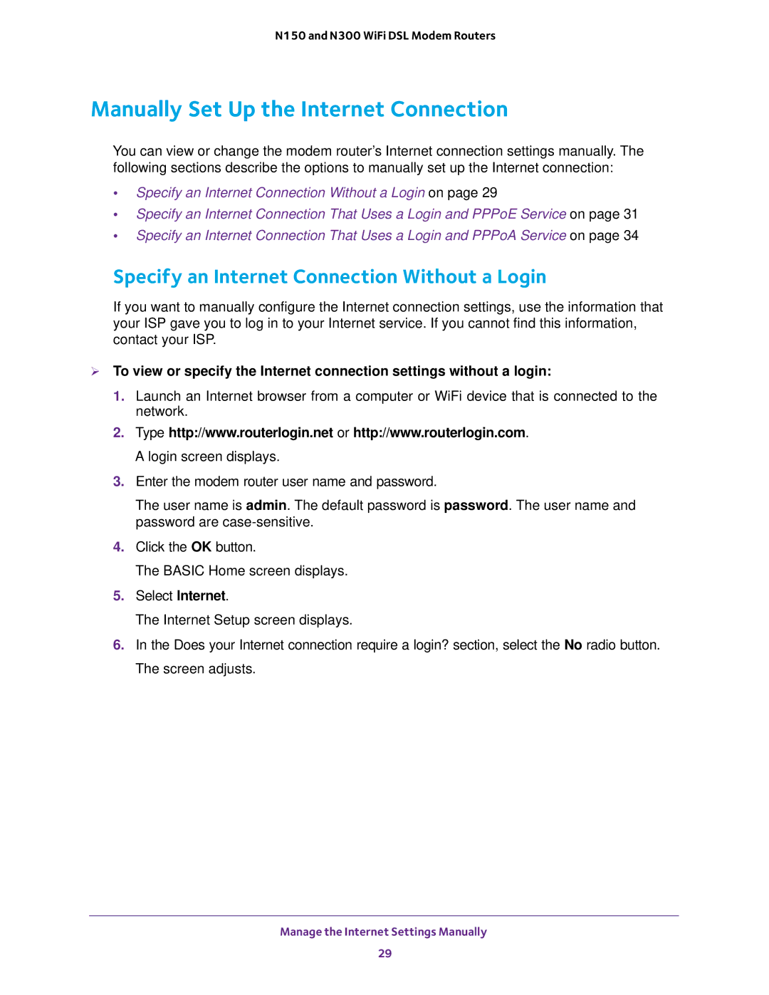 NETGEAR D500 and D1500 user manual Manually Set Up the Internet Connection, Specify an Internet Connection Without a Login 