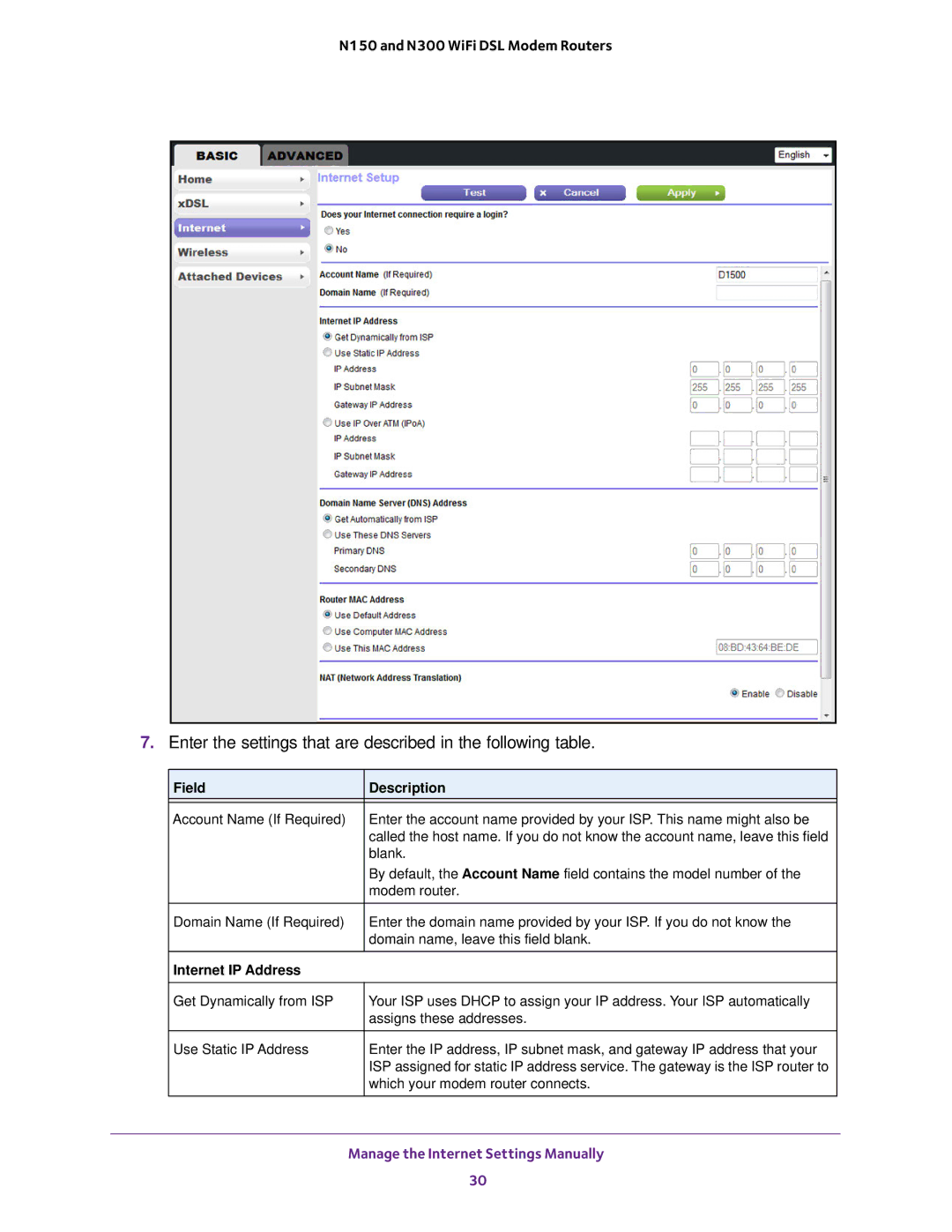 NETGEAR D500 and D1500 user manual Field Description, Internet IP Address 