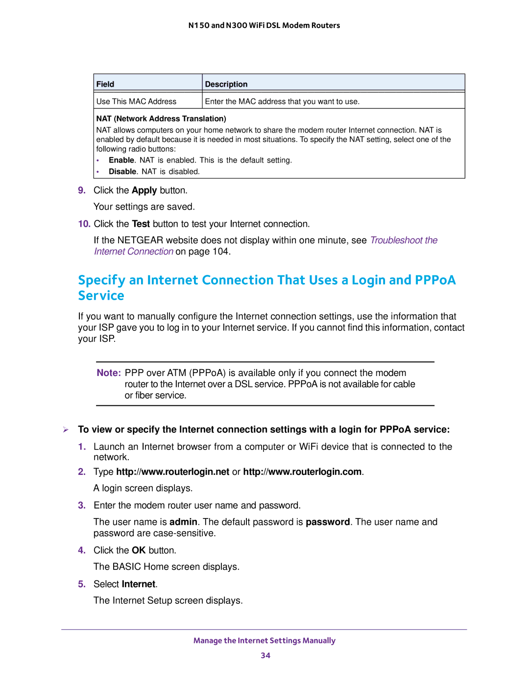 NETGEAR D500 and D1500 user manual Manage the Internet Settings Manually 