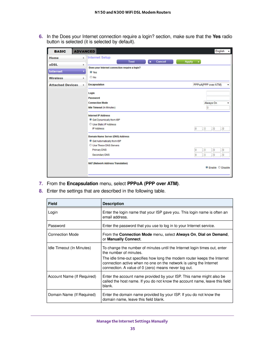 NETGEAR D500 and D1500 user manual From the Encapsulation menu, select PPPoA PPP over ATM 