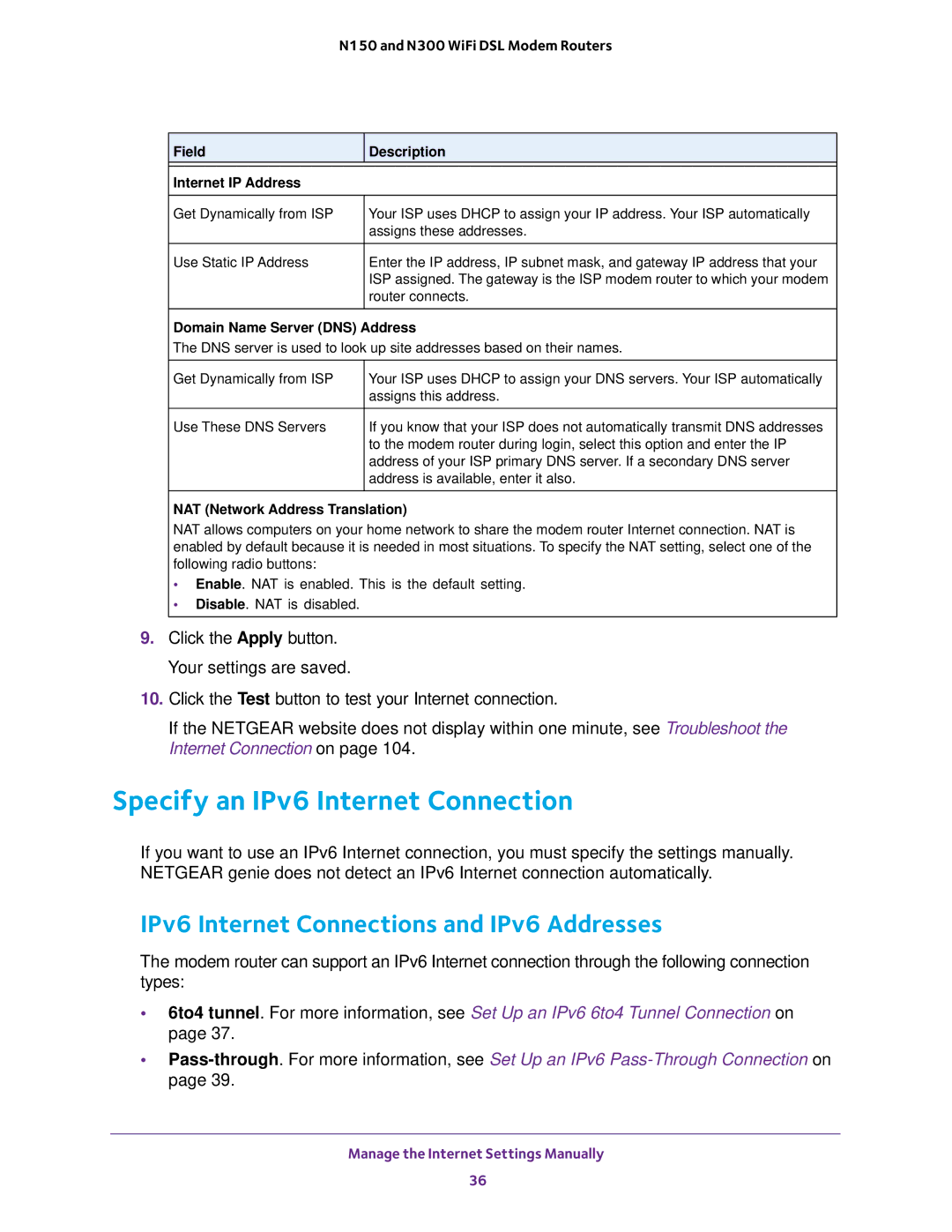 NETGEAR D500 and D1500 user manual Specify an IPv6 Internet Connection, IPv6 Internet Connections and IPv6 Addresses 