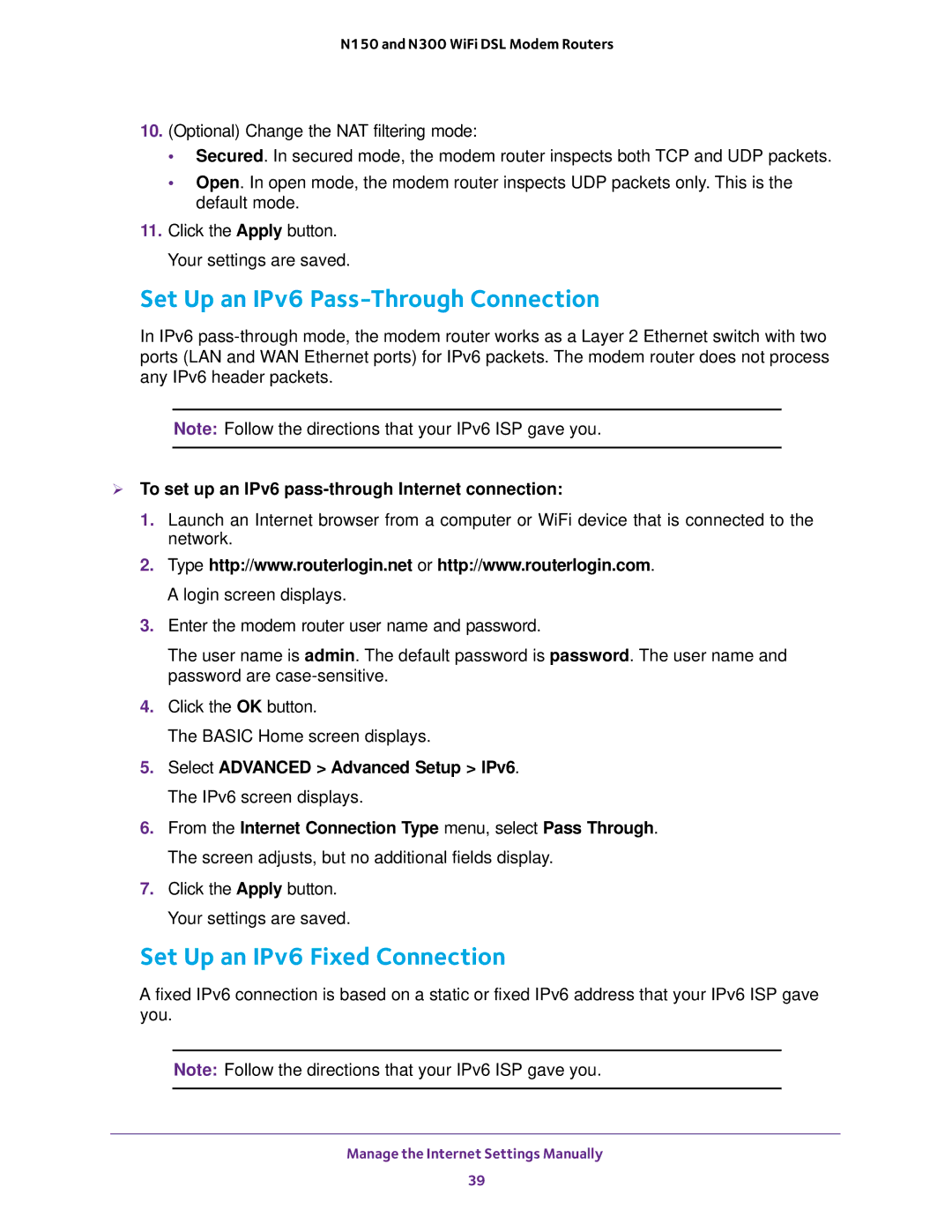 NETGEAR D500 and D1500 user manual Set Up an IPv6 Pass-Through Connection, Set Up an IPv6 Fixed Connection 