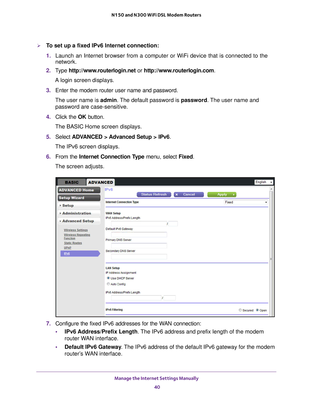 NETGEAR D500 and D1500 user manual  To set up a fixed IPv6 Internet connection 