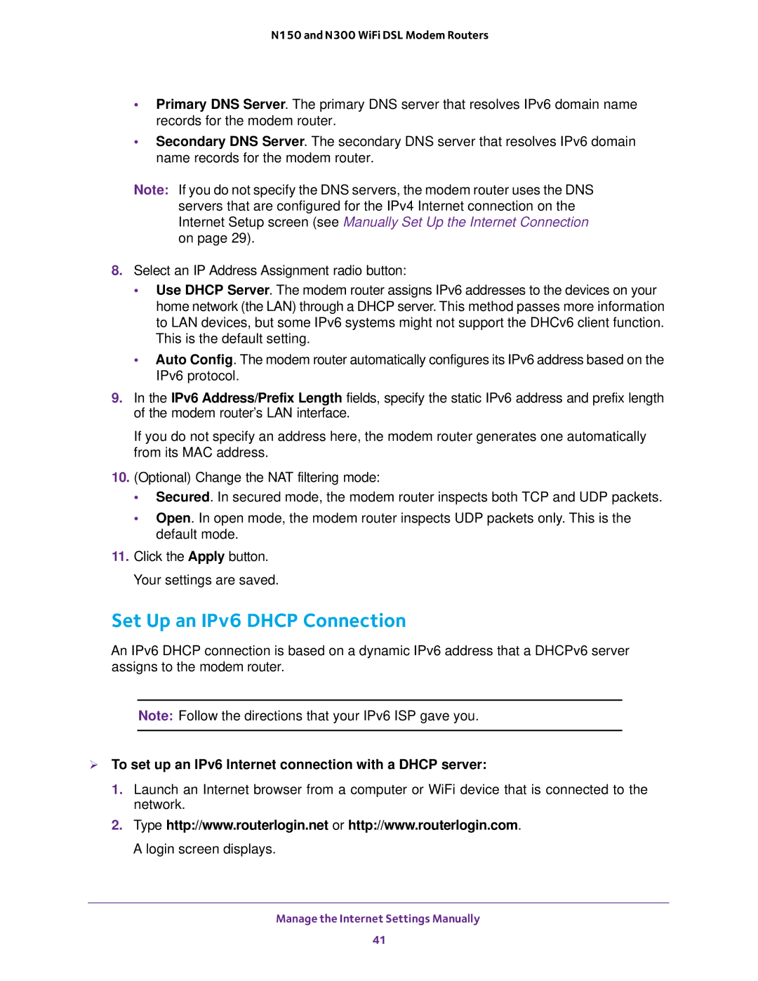 NETGEAR D500 and D1500 Set Up an IPv6 Dhcp Connection,  To set up an IPv6 Internet connection with a Dhcp server 