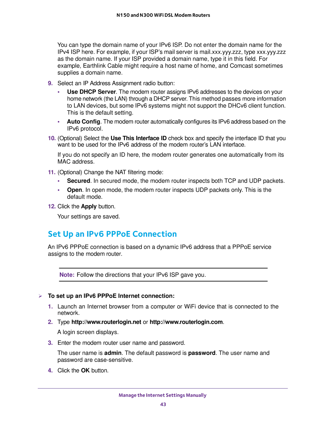 NETGEAR D500 and D1500 user manual Set Up an IPv6 PPPoE Connection,  To set up an IPv6 PPPoE Internet connection 