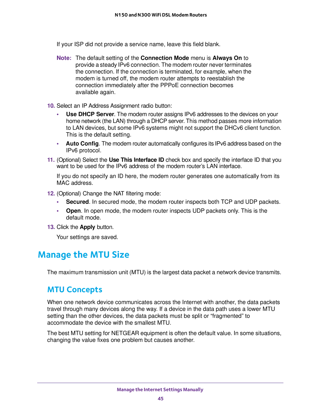 NETGEAR D500 and D1500 user manual Manage the MTU Size, MTU Concepts 