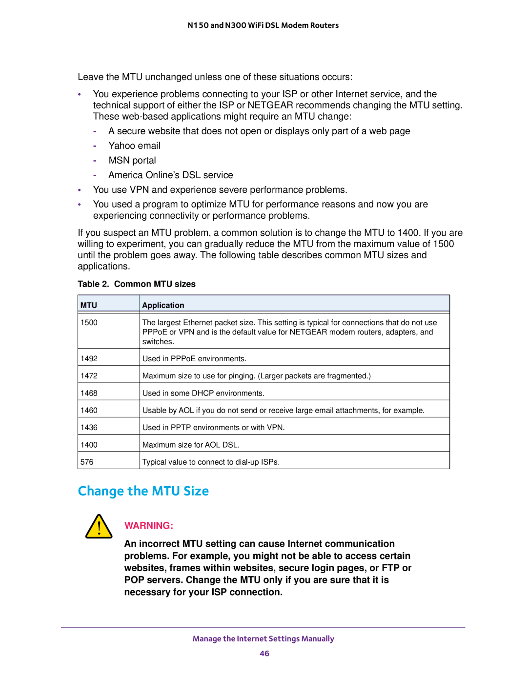 NETGEAR D500 and D1500 user manual Change the MTU Size, Application 