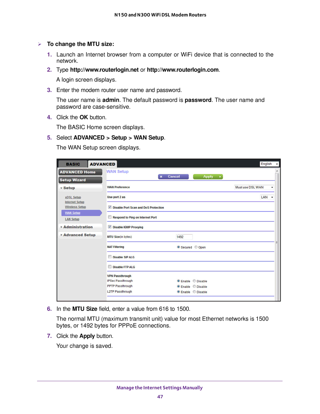 NETGEAR D500 and D1500 user manual  To change the MTU size 