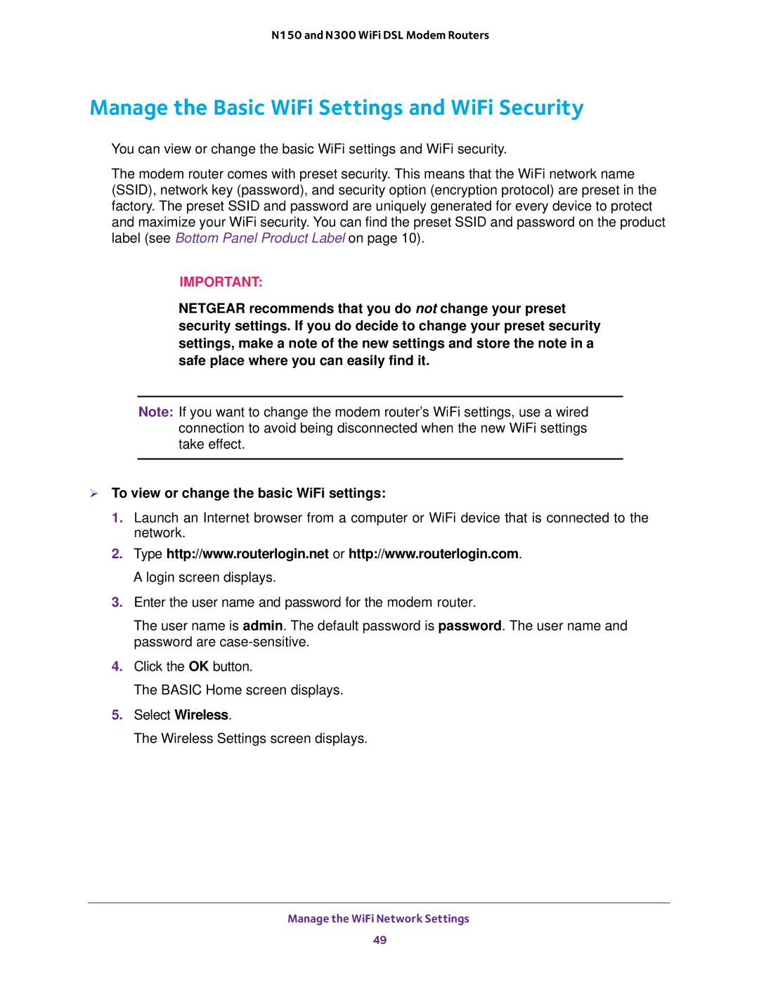 NETGEAR D500 and D1500 user manual Manage the Basic WiFi Settings and WiFi Security 