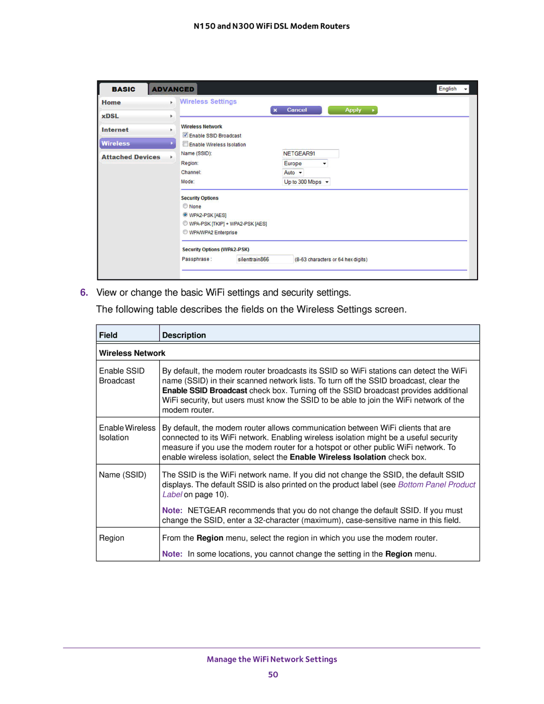 NETGEAR D500 and D1500 user manual Field Description Wireless Network 