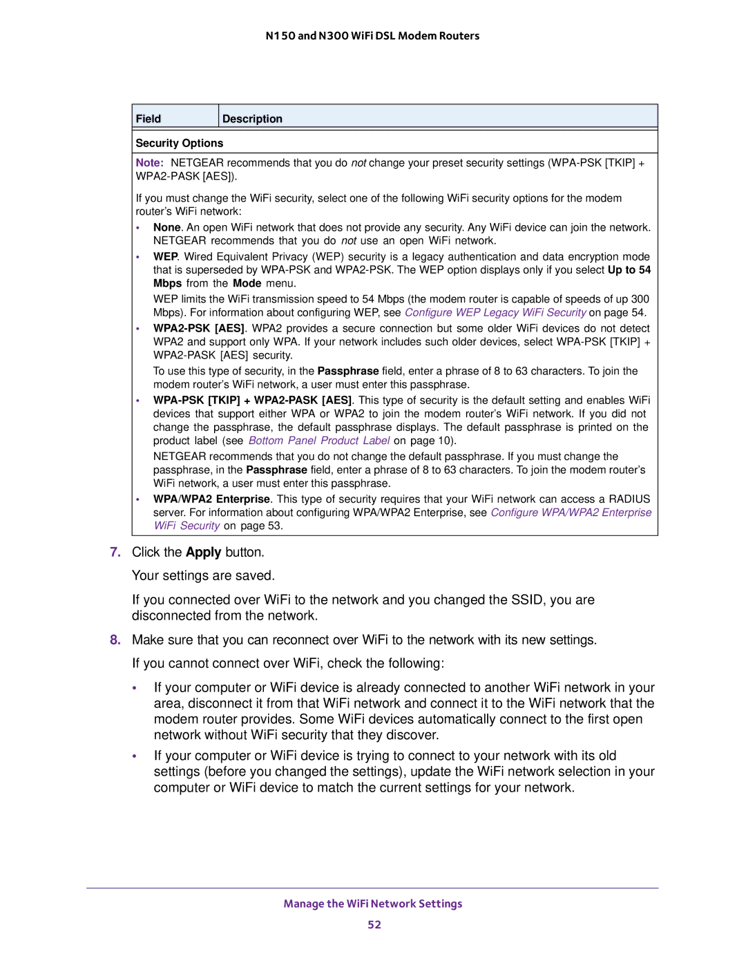 NETGEAR D500 and D1500 user manual Field, Description Security Options 