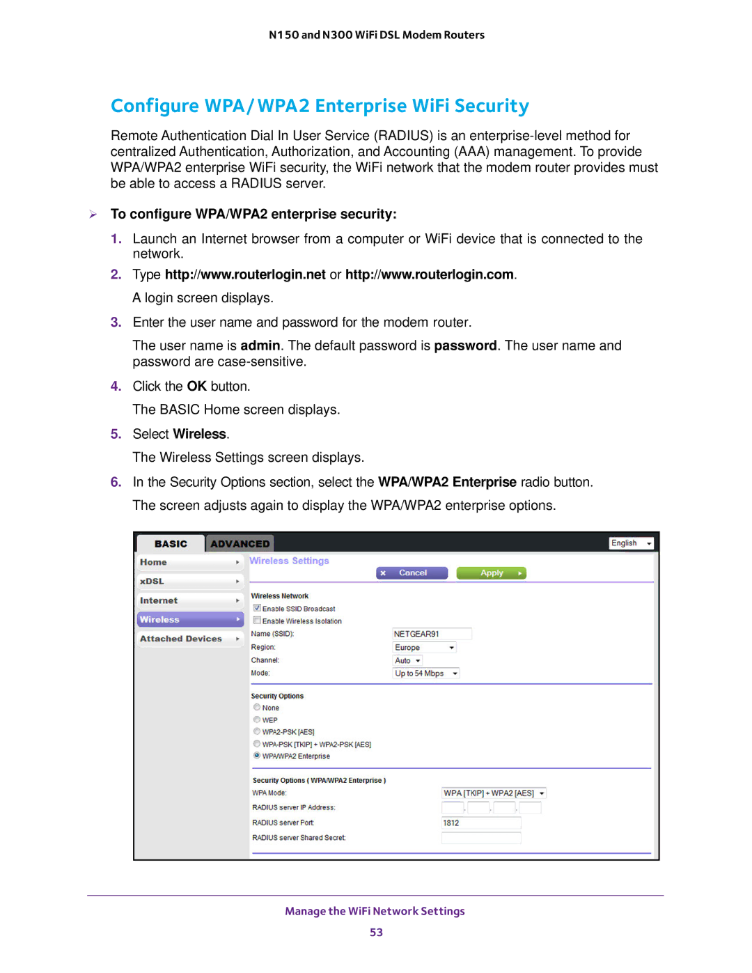 NETGEAR D500 and D1500 user manual Configure WPA/WPA2 Enterprise WiFi Security,  To configure WPA/WPA2 enterprise security 