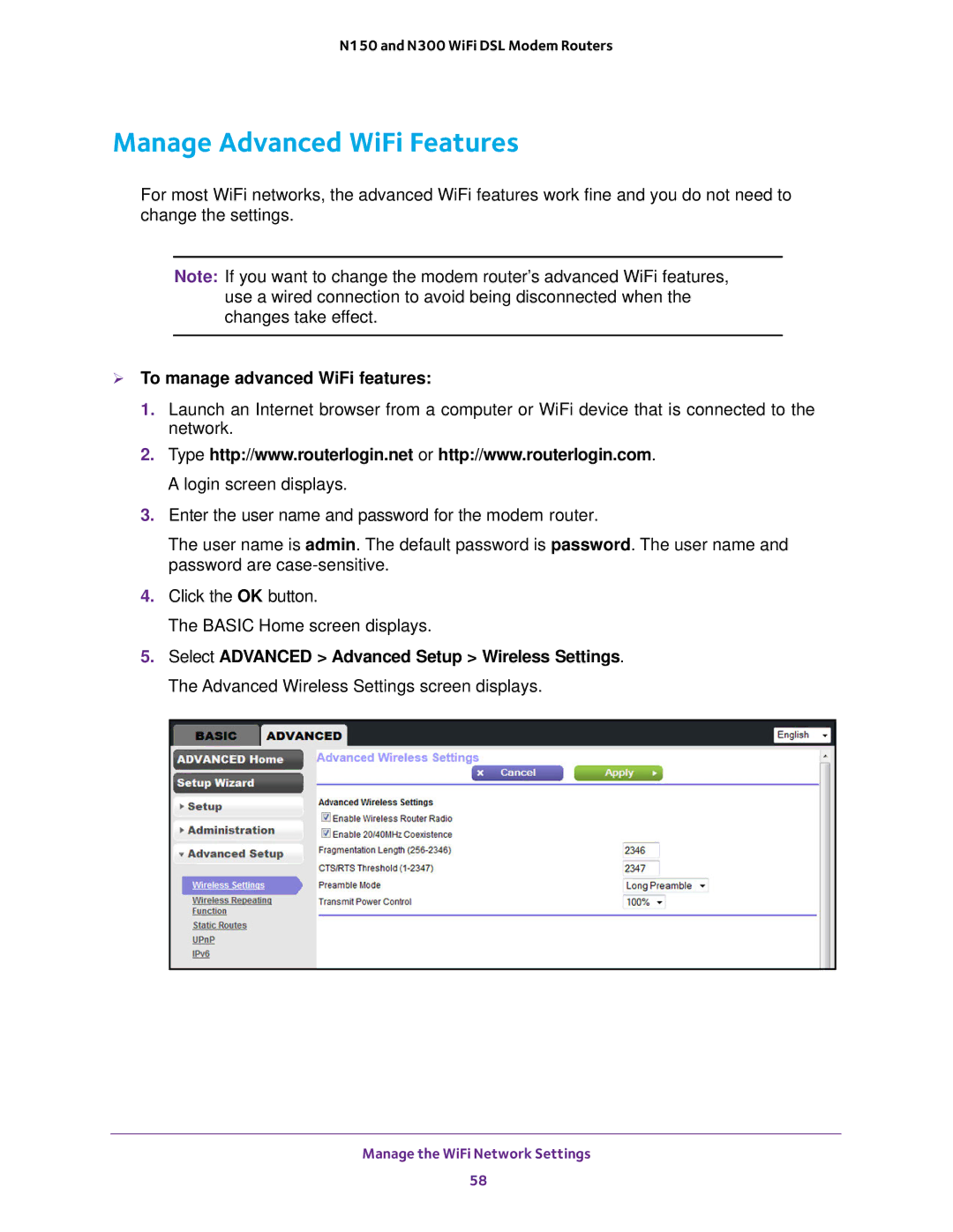 NETGEAR D500 and D1500 user manual Manage Advanced WiFi Features,  To manage advanced WiFi features 