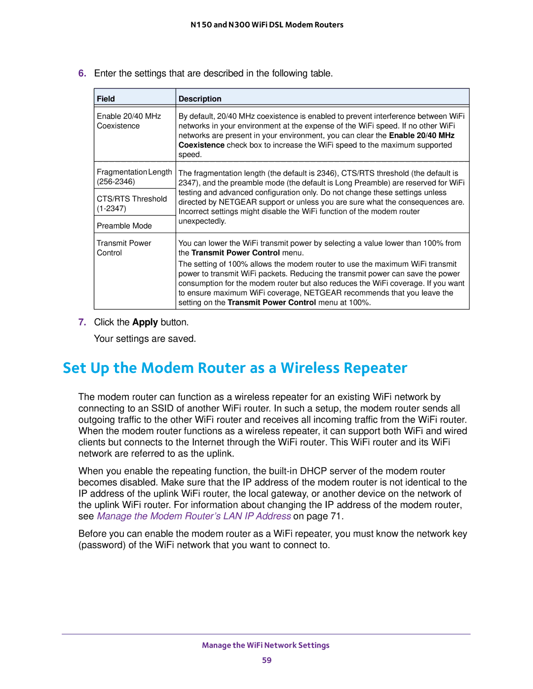 NETGEAR D500 and D1500 user manual Set Up the Modem Router as a Wireless Repeater, Transmit Power Control menu 