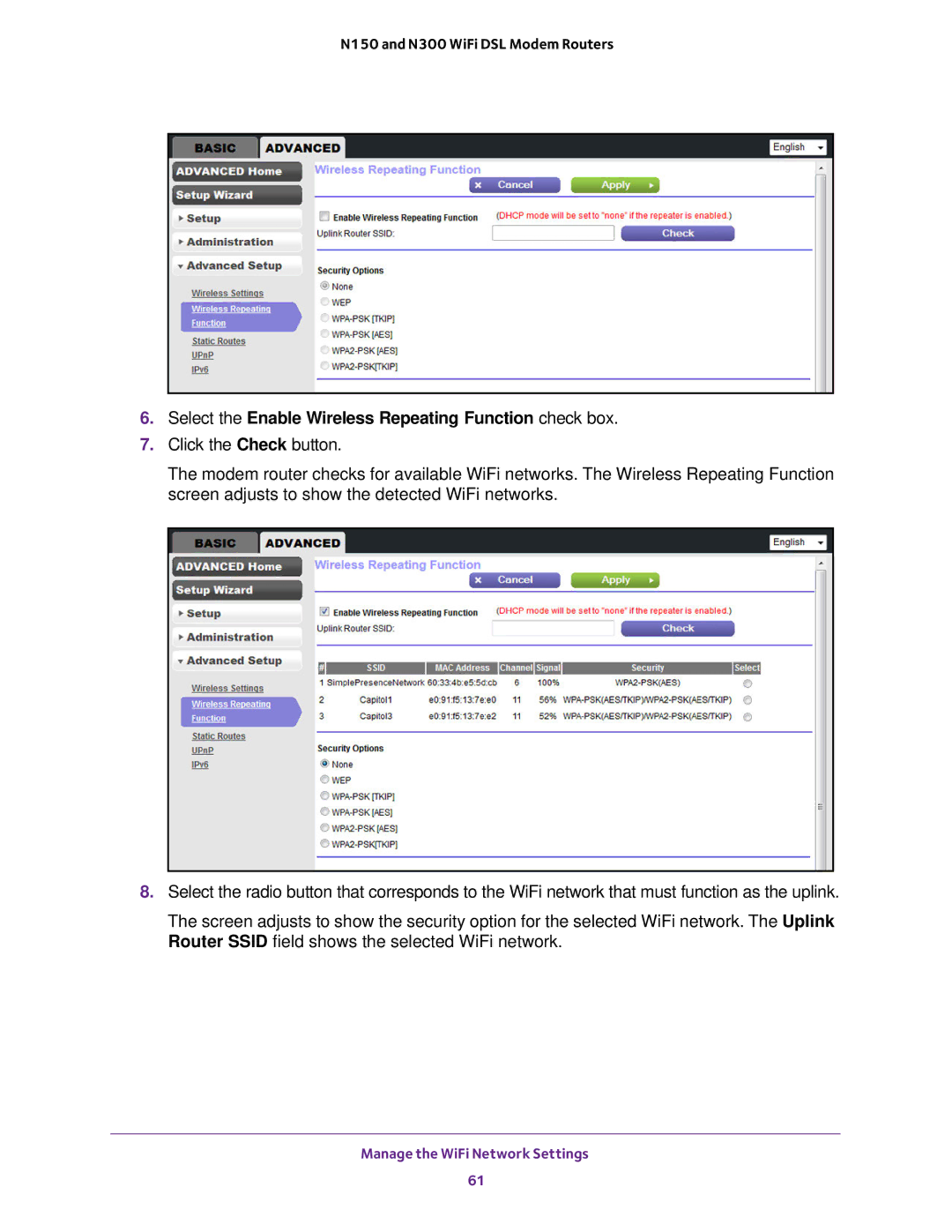 NETGEAR D500 and D1500 user manual Select the Enable Wireless Repeating Function check box 