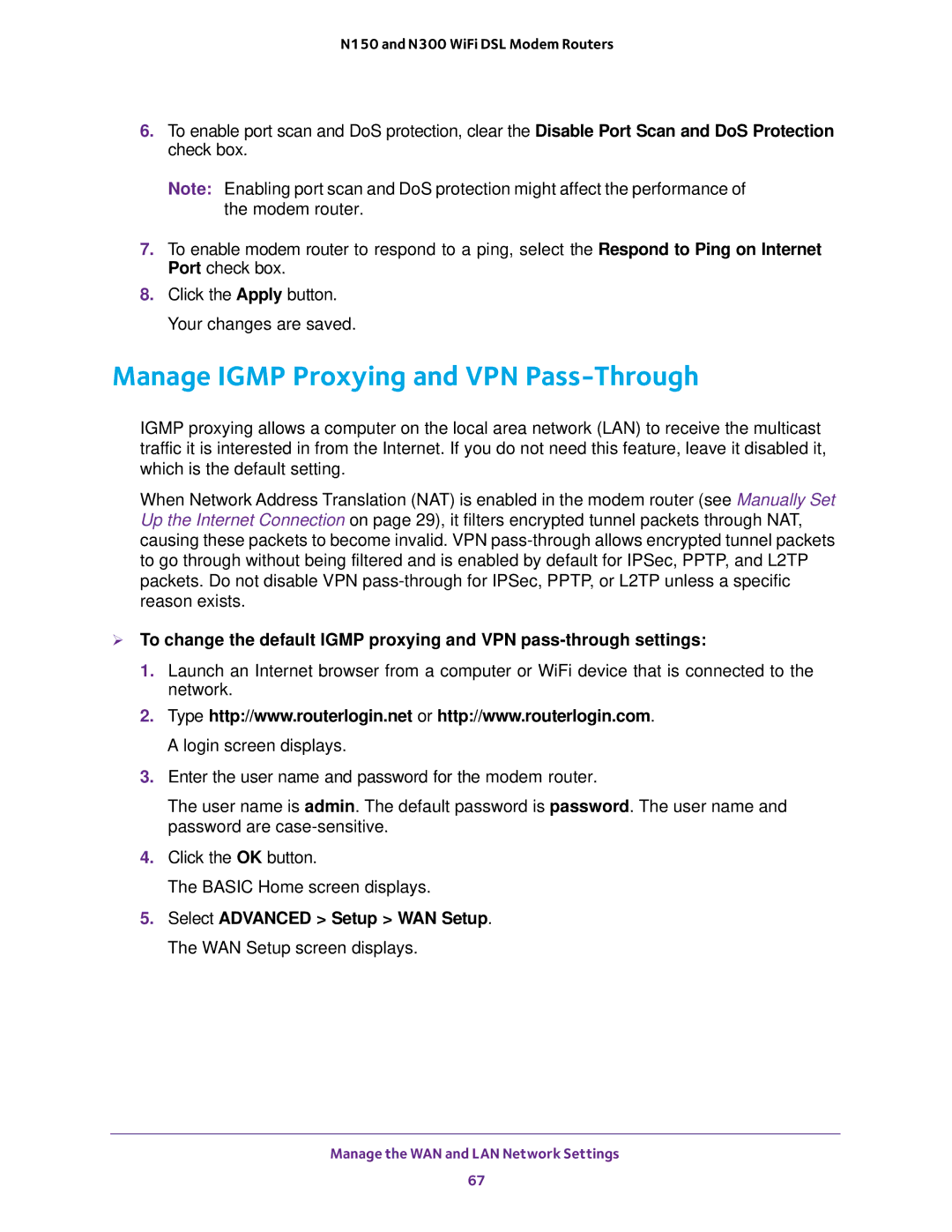 NETGEAR D500 and D1500 user manual Manage Igmp Proxying and VPN Pass-Through 