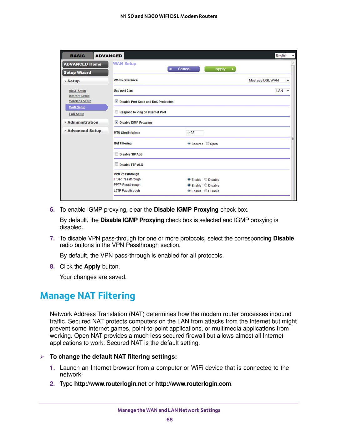 NETGEAR D500 and D1500 user manual Manage NAT Filtering,  To change the default NAT filtering settings 