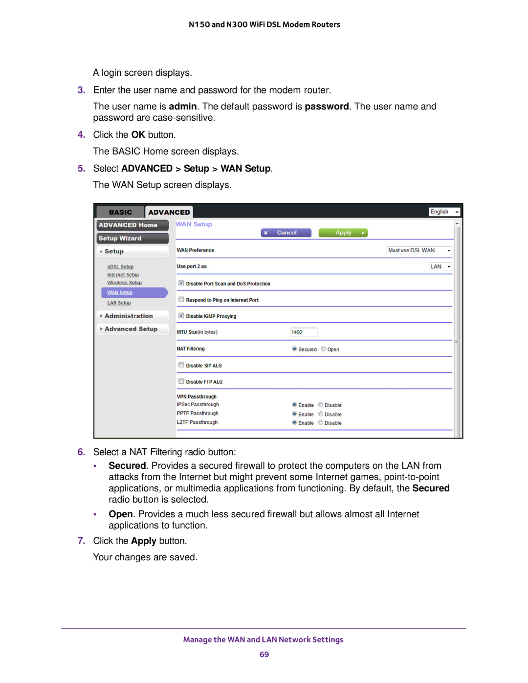 NETGEAR D500 and D1500 user manual Manage the WAN and LAN Network Settings 