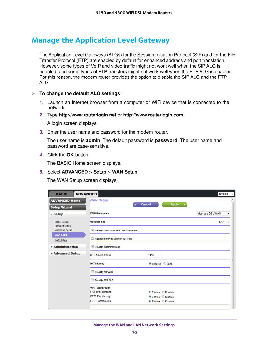 NETGEAR D500 and D1500 user manual Manage the Application Level Gateway,  To change the default ALG settings 