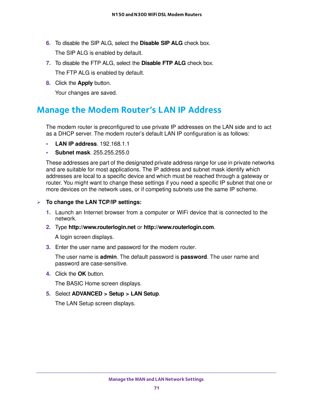 NETGEAR D500 and D1500 Manage the Modem Router’s LAN IP Address, LAN IP address,  To change the LAN TCP/IP settings 