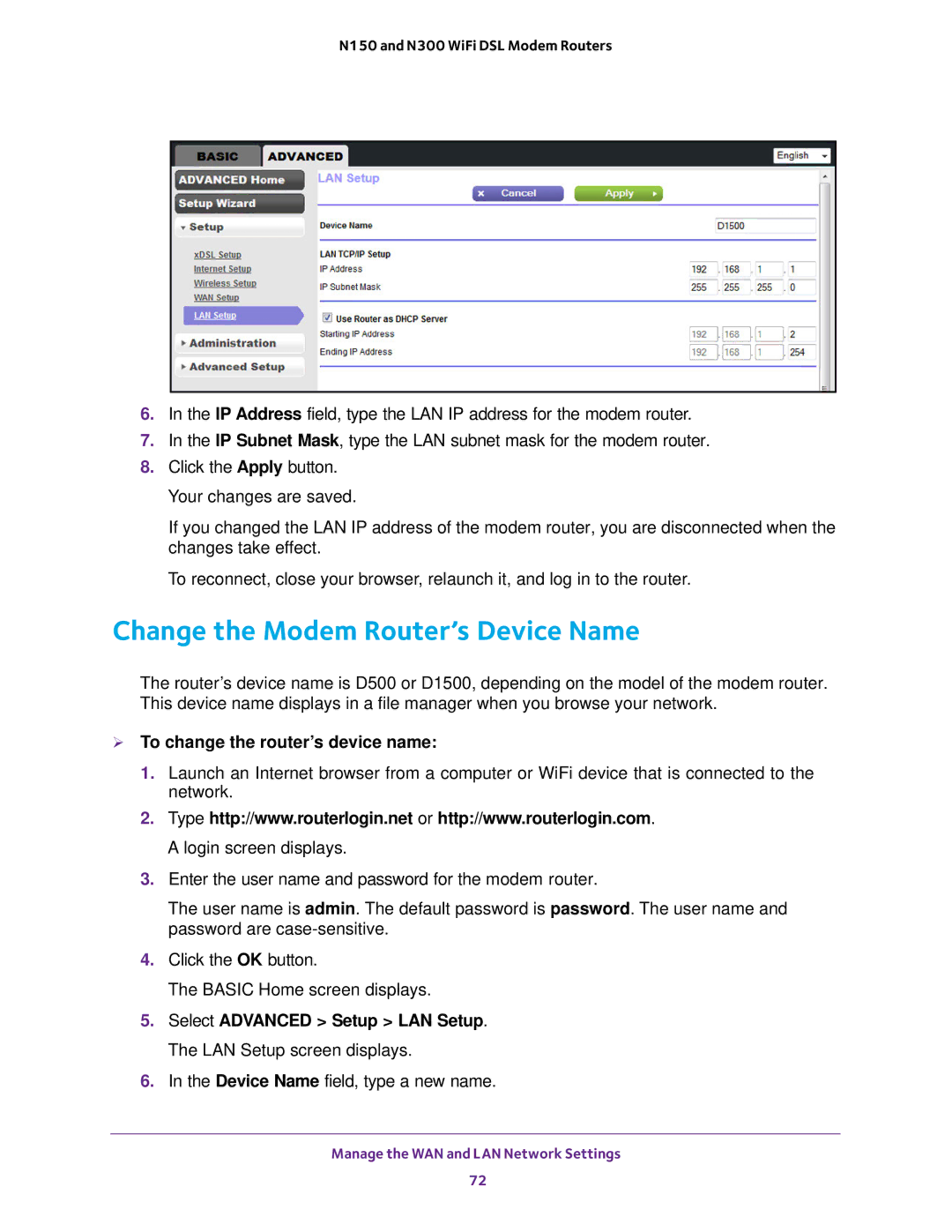 NETGEAR D500 and D1500 user manual Change the Modem Router’s Device Name,  To change the router’s device name 