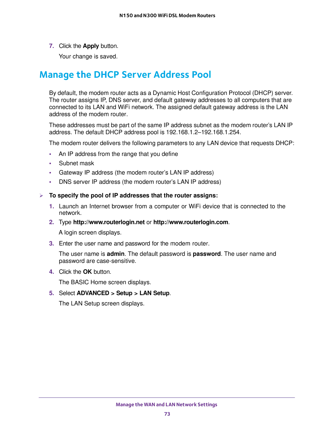 NETGEAR D500 and D1500 user manual Manage the Dhcp Server Address Pool 