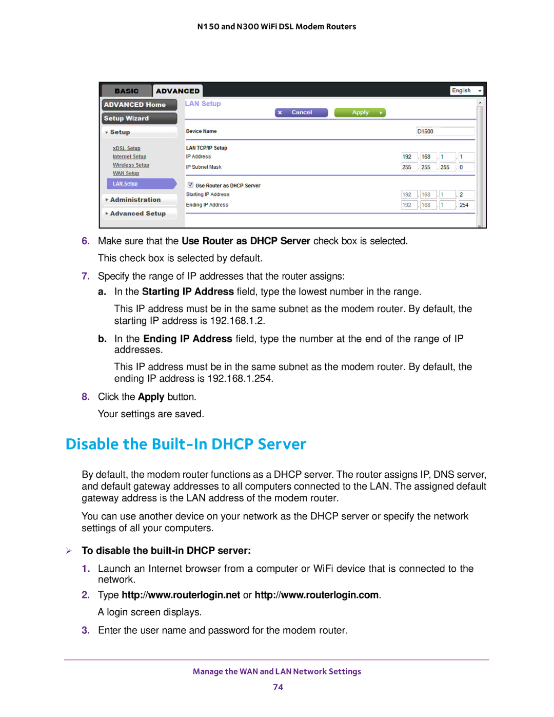 NETGEAR D500 and D1500 user manual Disable the Built-In Dhcp Server,  To disable the built-in Dhcp server 