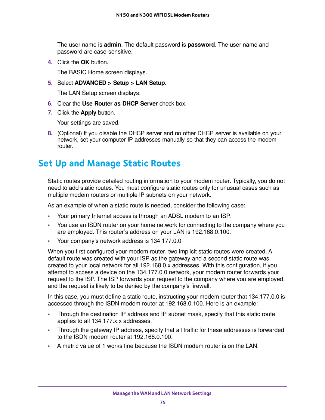 NETGEAR D500 and D1500 user manual Set Up and Manage Static Routes, Clear the Use Router as Dhcp Server check box 