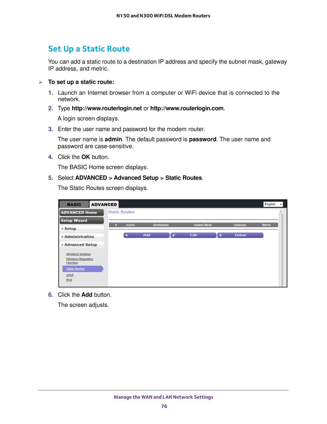 NETGEAR D500 and D1500 user manual Set Up a Static Route,  To set up a static route 