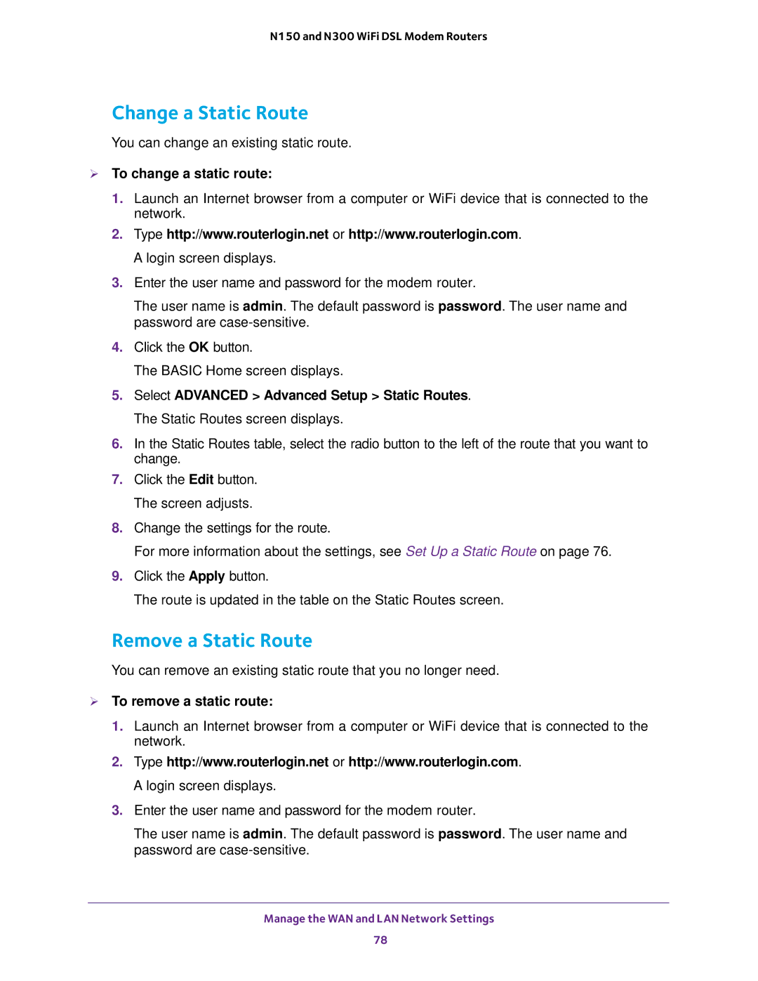 NETGEAR D500 and D1500 user manual Change a Static Route, Remove a Static Route,  To change a static route 