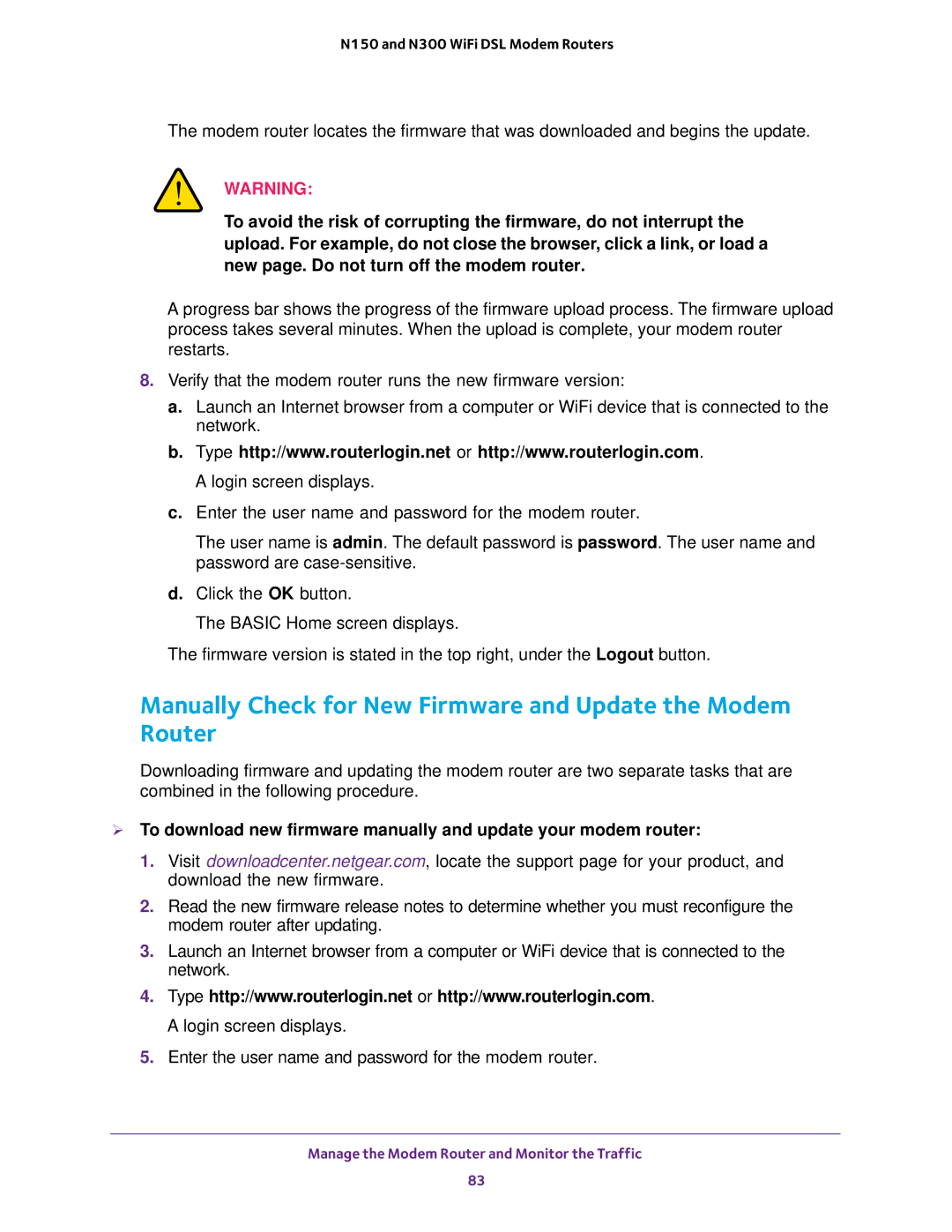 NETGEAR D500 and D1500 user manual Manually Check for New Firmware and Update the Modem Router 