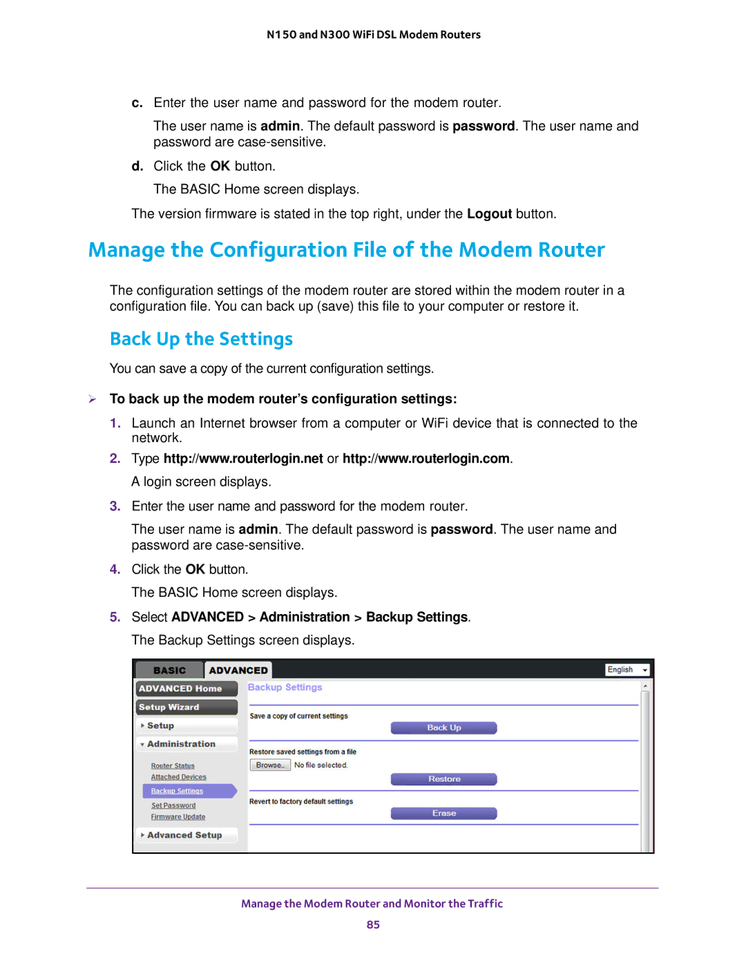 NETGEAR D500 and D1500 user manual Manage the Configuration File of the Modem Router, Back Up the Settings 