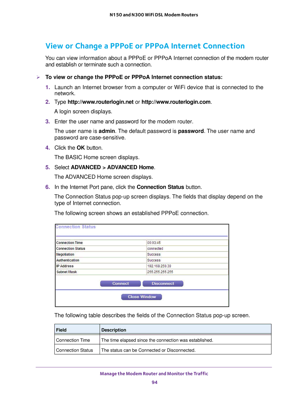 NETGEAR D500 and D1500 user manual View or Change a PPPoE or PPPoA Internet Connection 