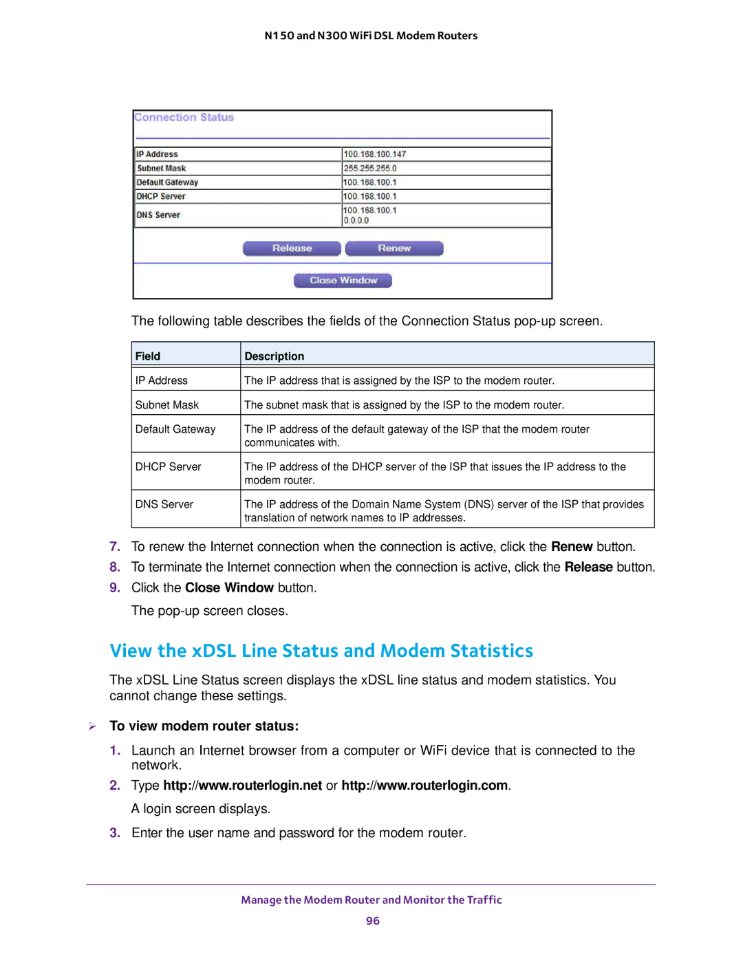 NETGEAR D500 and D1500 user manual View the xDSL Line Status and Modem Statistics,  To view modem router status 