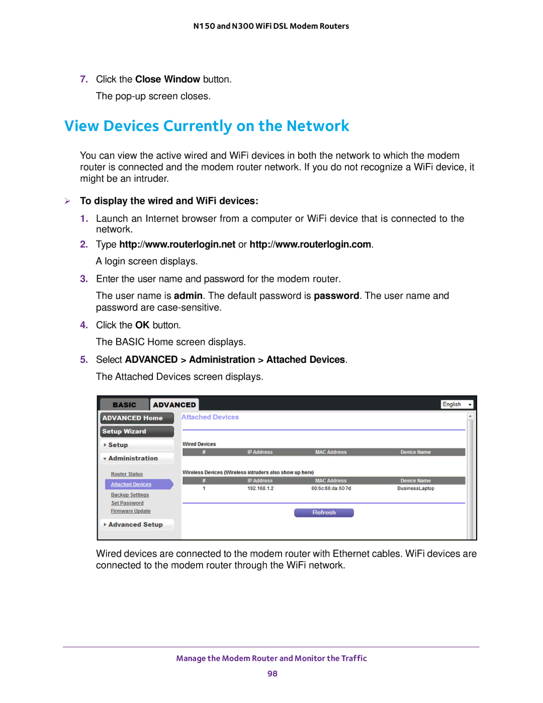 NETGEAR D500 and D1500 user manual View Devices Currently on the Network,  To display the wired and WiFi devices 