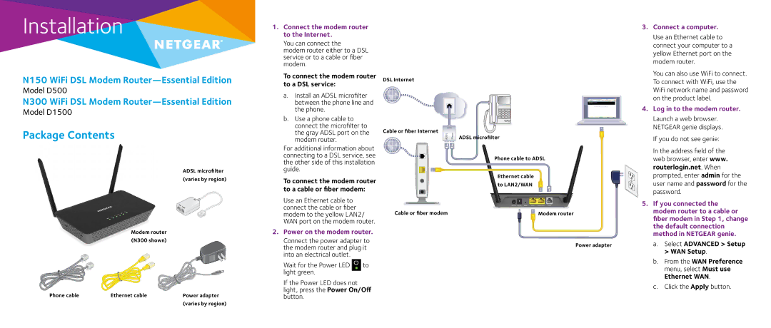 NETGEAR D500 manual Installation, Package Contents 