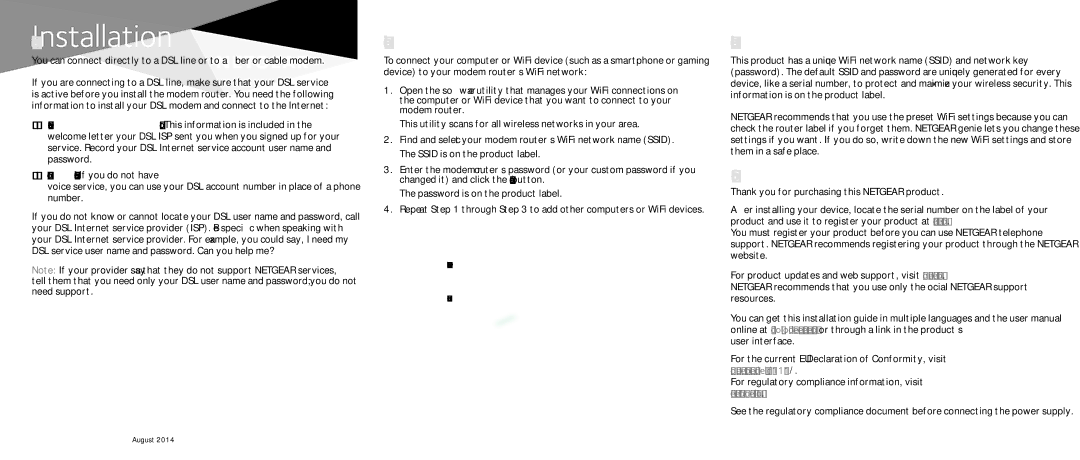 NETGEAR D500 Information for DSL Service, Join the Modem Router’s WiFi Network, WiFi Network Name and Password, Support 