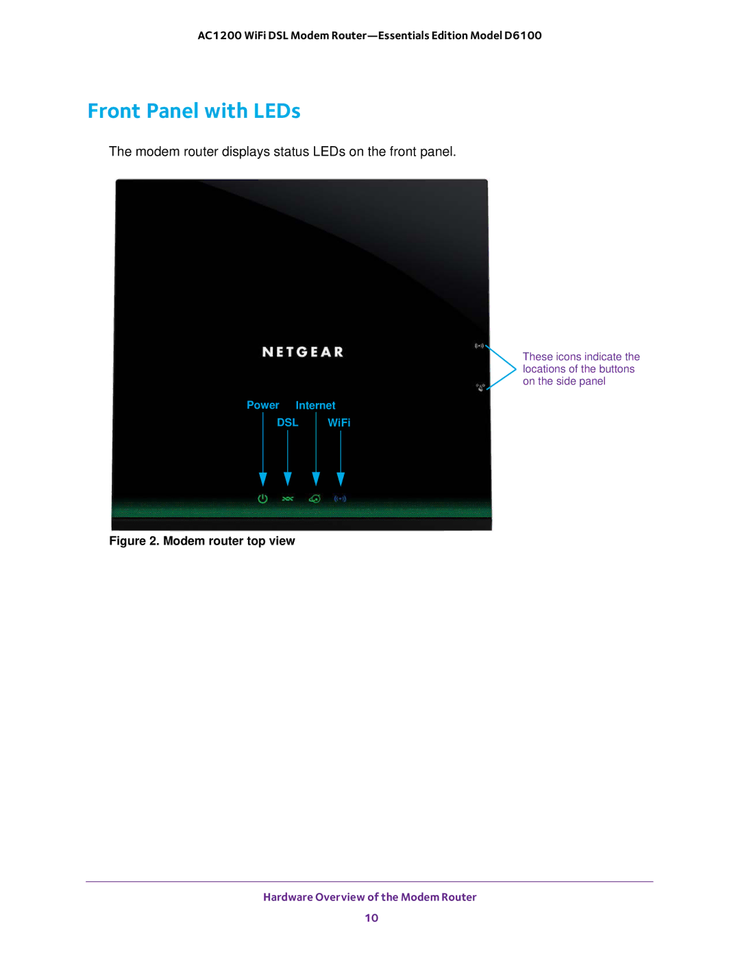 NETGEAR D6100 user manual Front Panel with LEDs, Modem router displays status LEDs on the front panel 