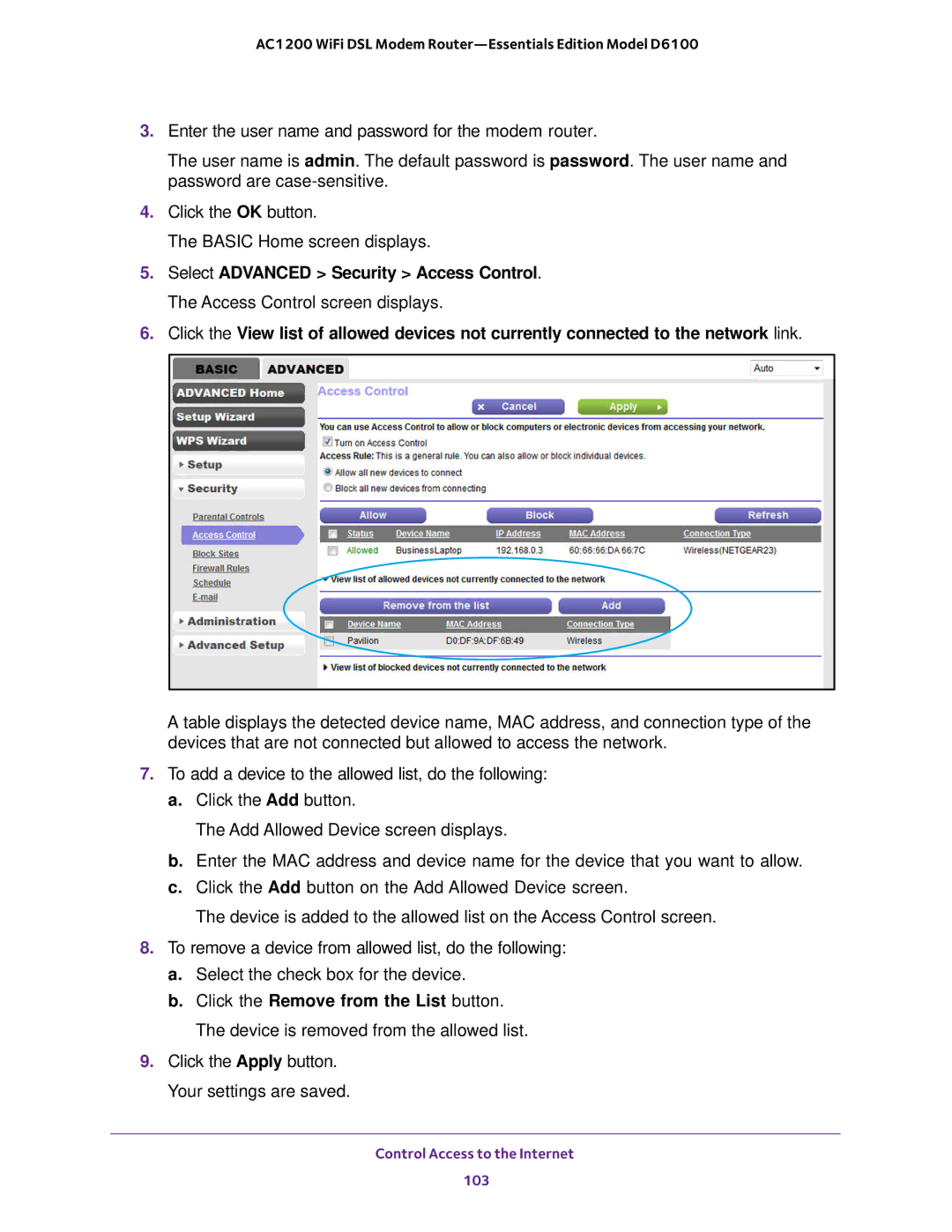 NETGEAR D6100 user manual Control Access to the Internet 103 