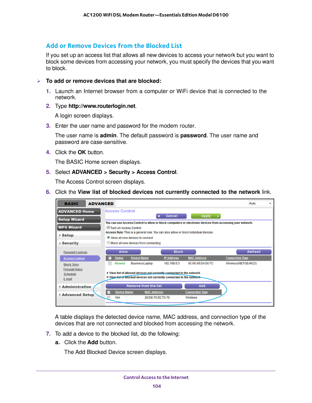 NETGEAR D6100 user manual Add or Remove Devices from the Blocked List,  To add or remove devices that are blocked 