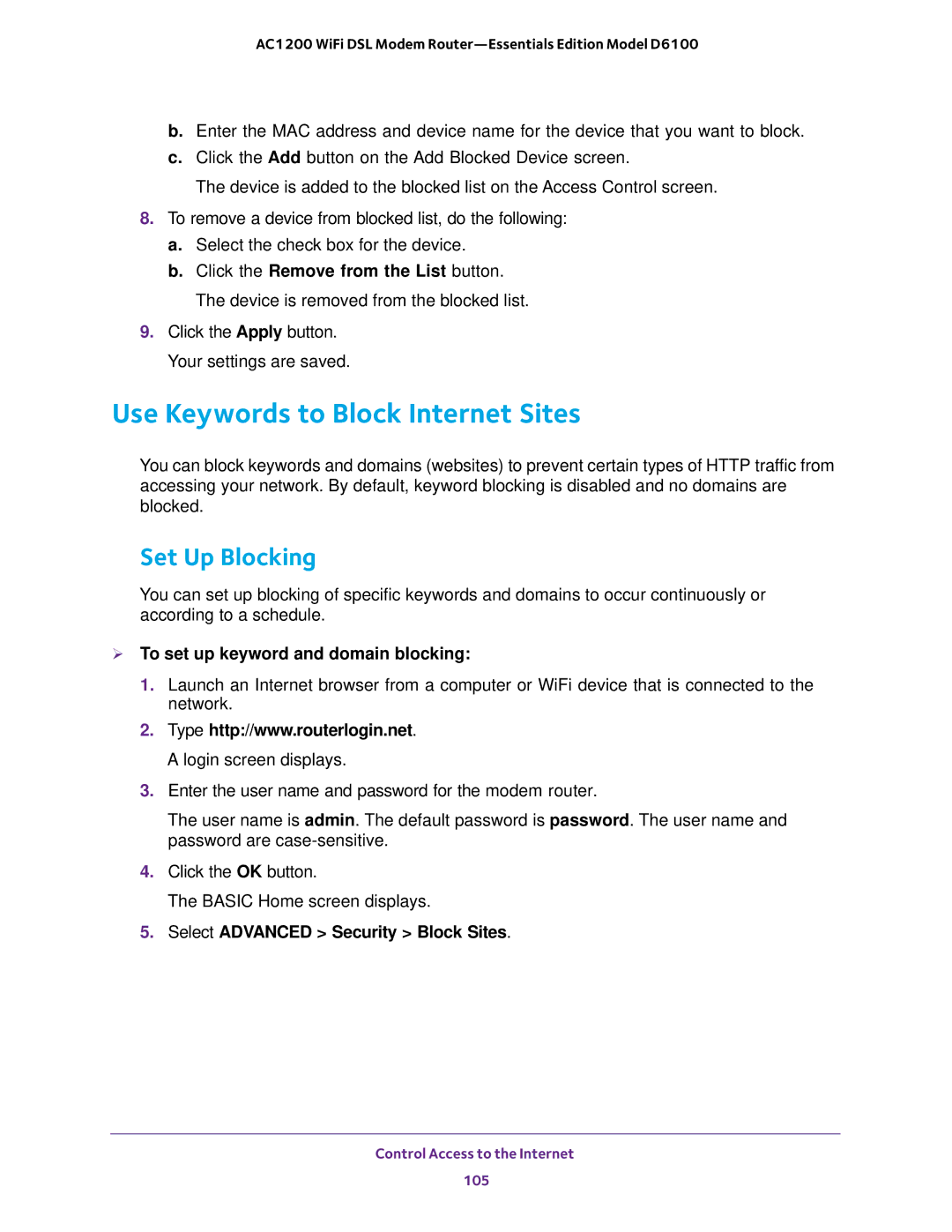 NETGEAR D6100 user manual Use Keywords to Block Internet Sites, Set Up Blocking,  To set up keyword and domain blocking 