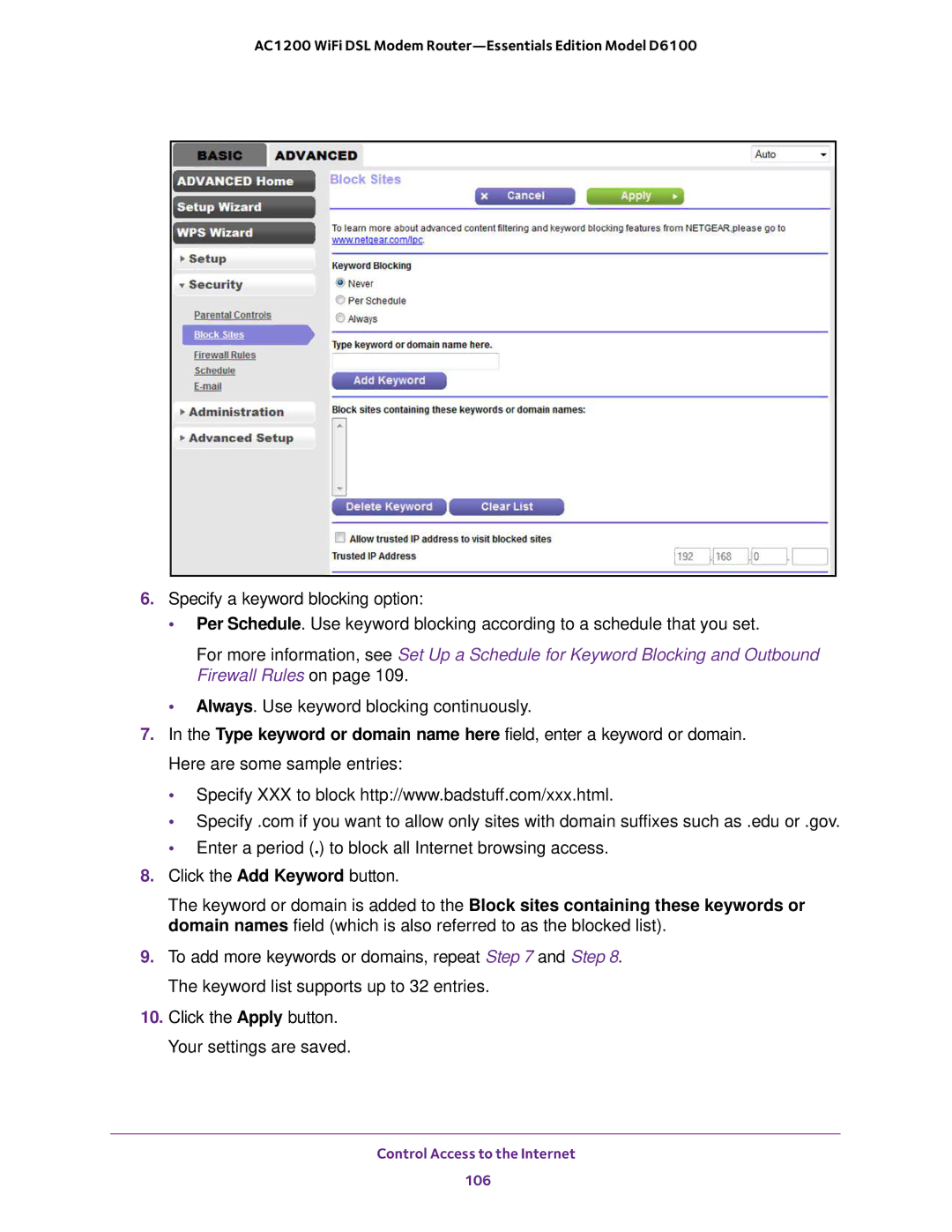 NETGEAR D6100 user manual Control Access to the Internet 106 