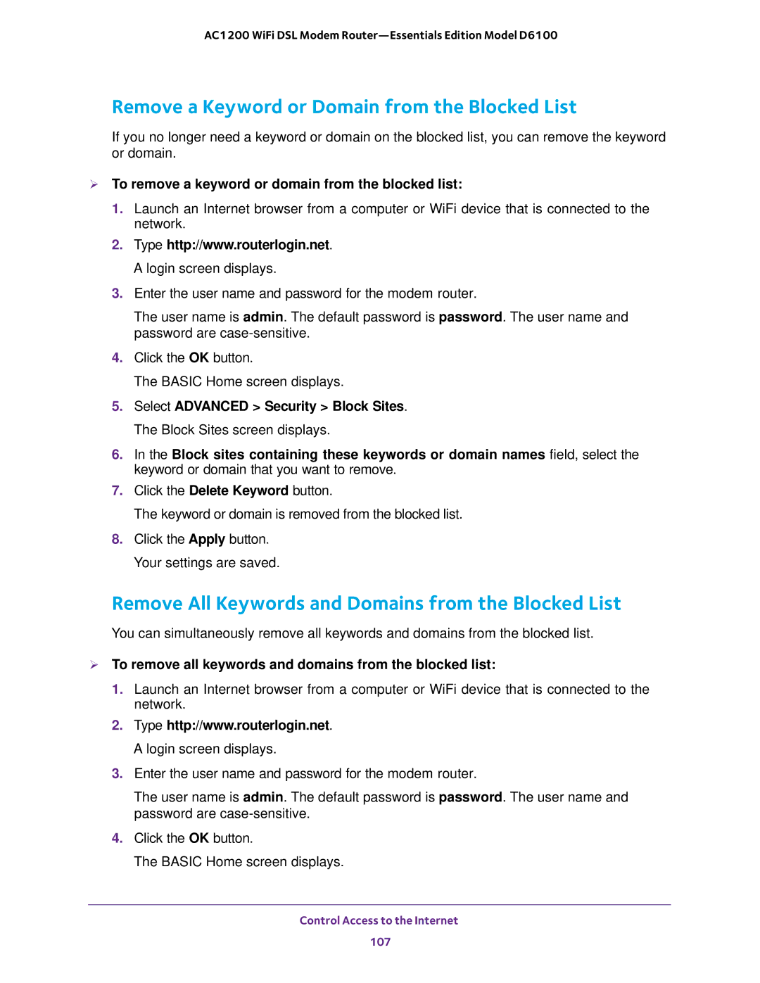 NETGEAR D6100 Remove a Keyword or Domain from the Blocked List, Remove All Keywords and Domains from the Blocked List 