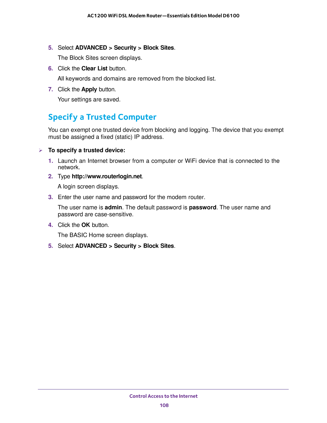 NETGEAR D6100 user manual Specify a Trusted Computer,  To specify a trusted device 