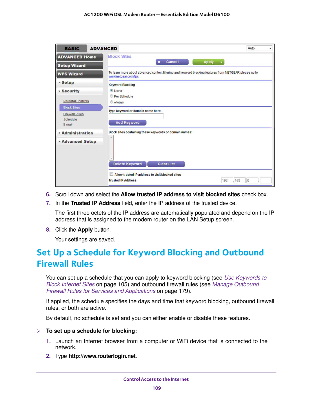 NETGEAR D6100 user manual  To set up a schedule for blocking 